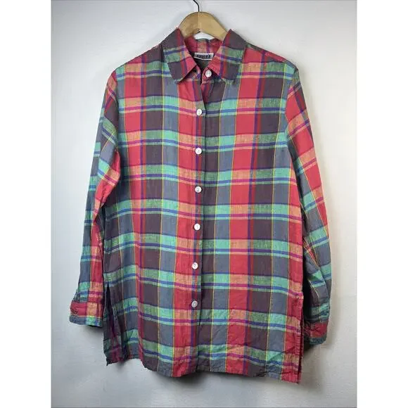 Chico's Women's 1 medium Button Down Long Sleeve Plaid 100% Linen Shirt - Picture 2 of 9